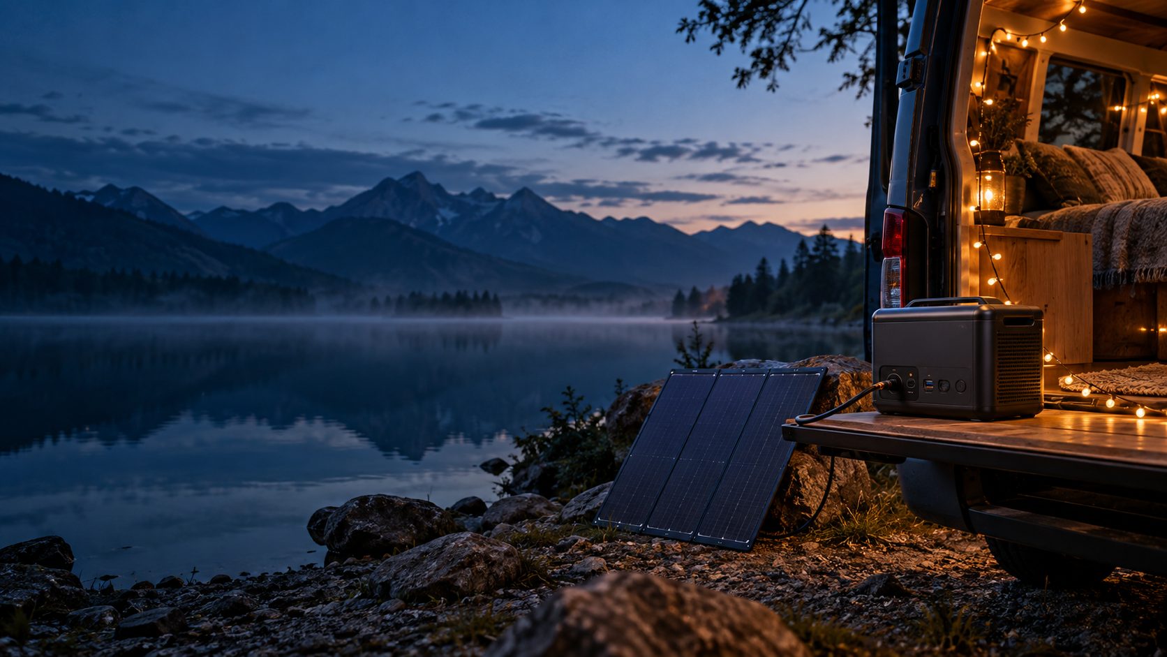 Campingbus am Bergsee in der Abenddämmerung, auf der Ladekante steht eine Powerstation, angeschlossen an ein faltbares Solarmodul