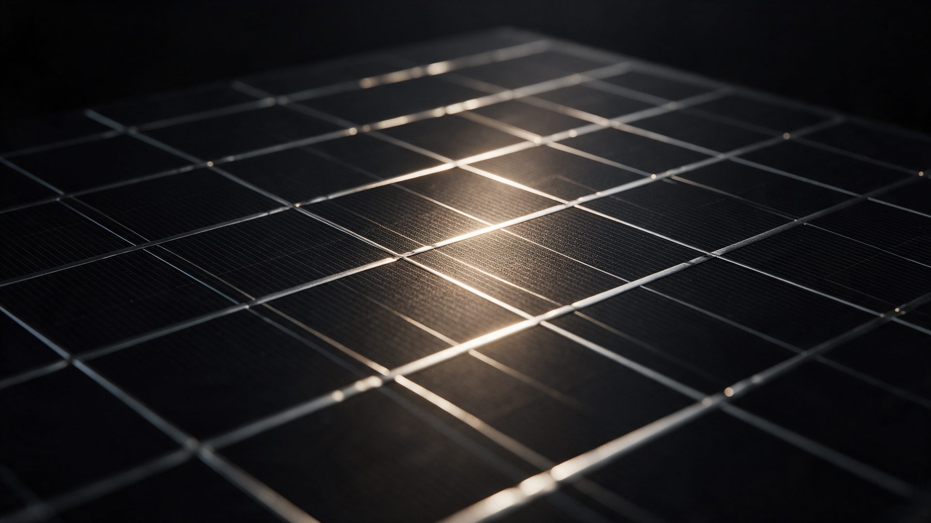 Nahaufnahme einer schwarzen Solarzelle mit silbernen Leiterbahnen im Streiflicht