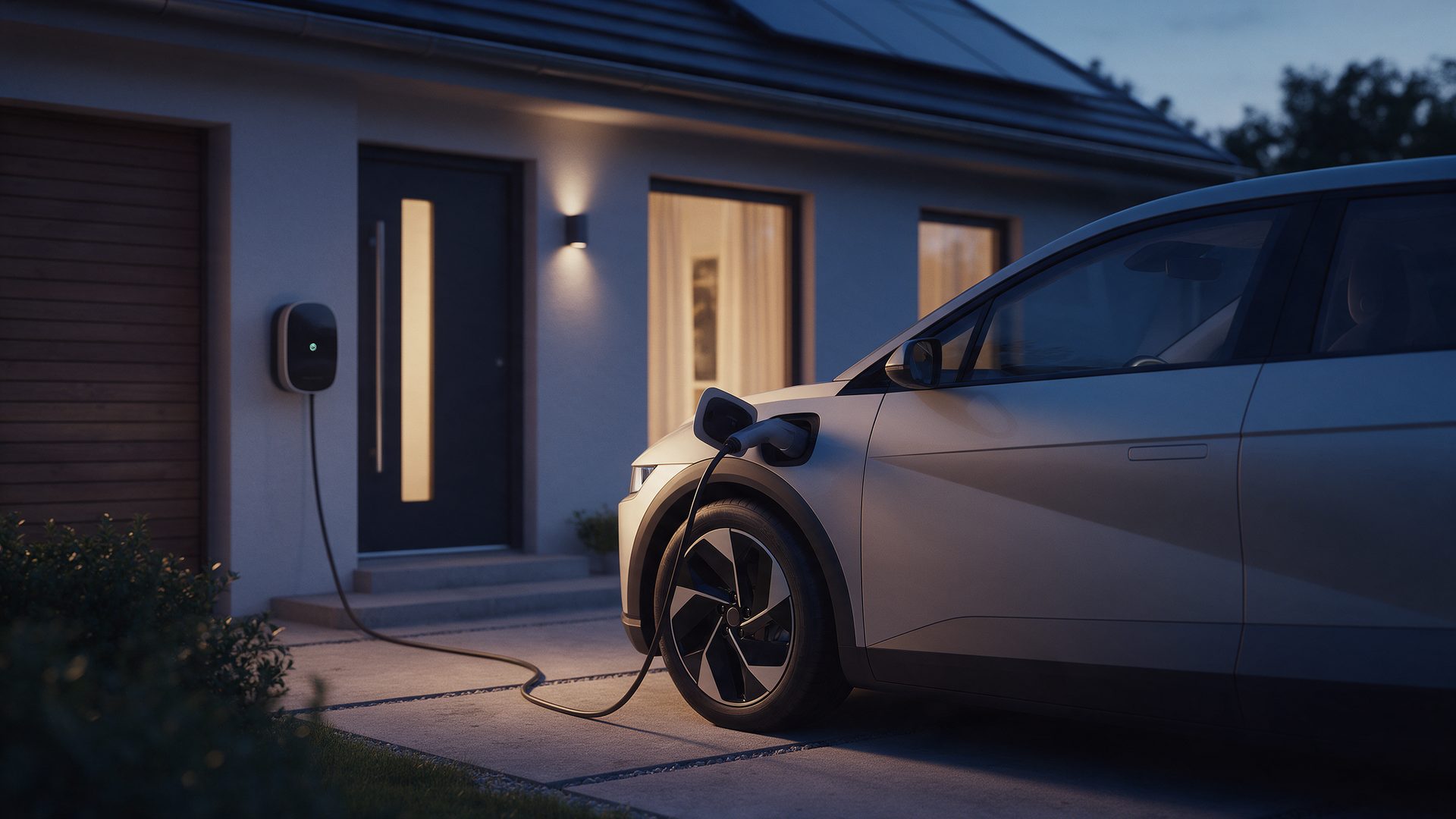 Elektroauto in einer Einfahrt zur blauen Stunde, an einer Wallbox neben der Haustür angeschlossen, Solarmodule auf dem Dach