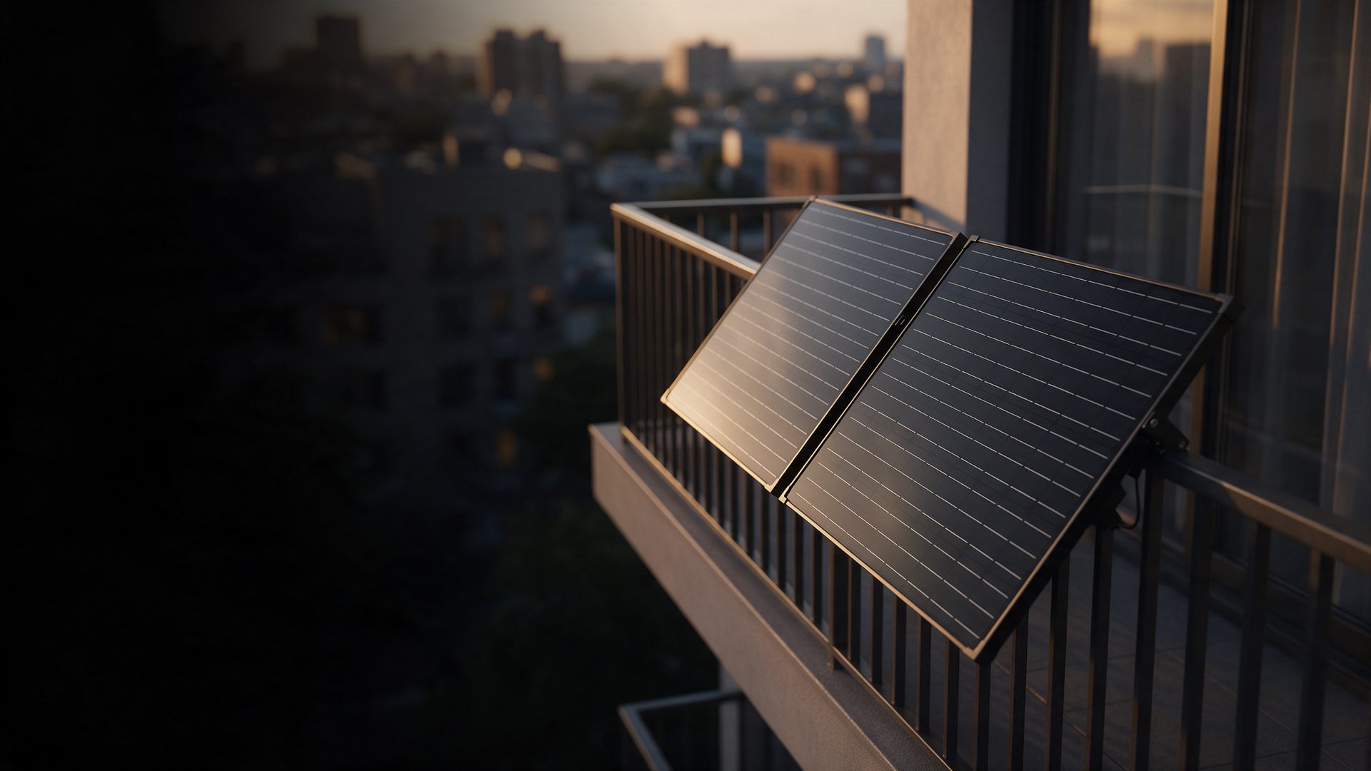 Zwei schwarze Solarmodule an einem Balkongeländer im Abendlicht, dahinter die Stadt