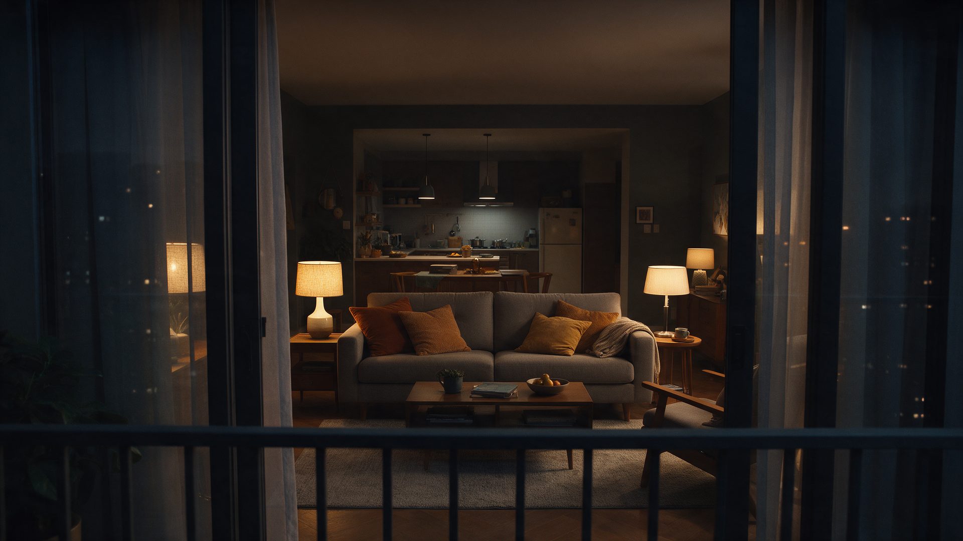 Blick vom Balkon in ein warm beleuchtetes Wohnzimmer bei Nacht