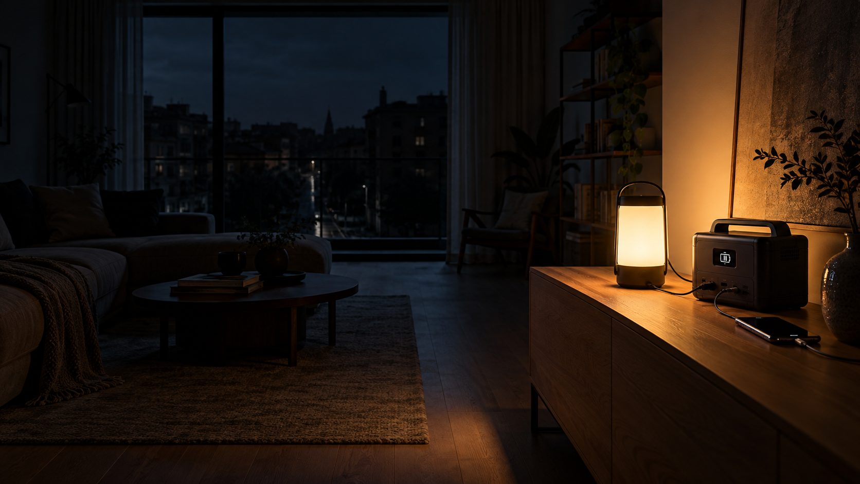 Dunkles Wohnzimmer bei Stromausfall, auf dem Sideboard leuchtet eine Laterne an einer Powerstation, daneben lädt ein Handy