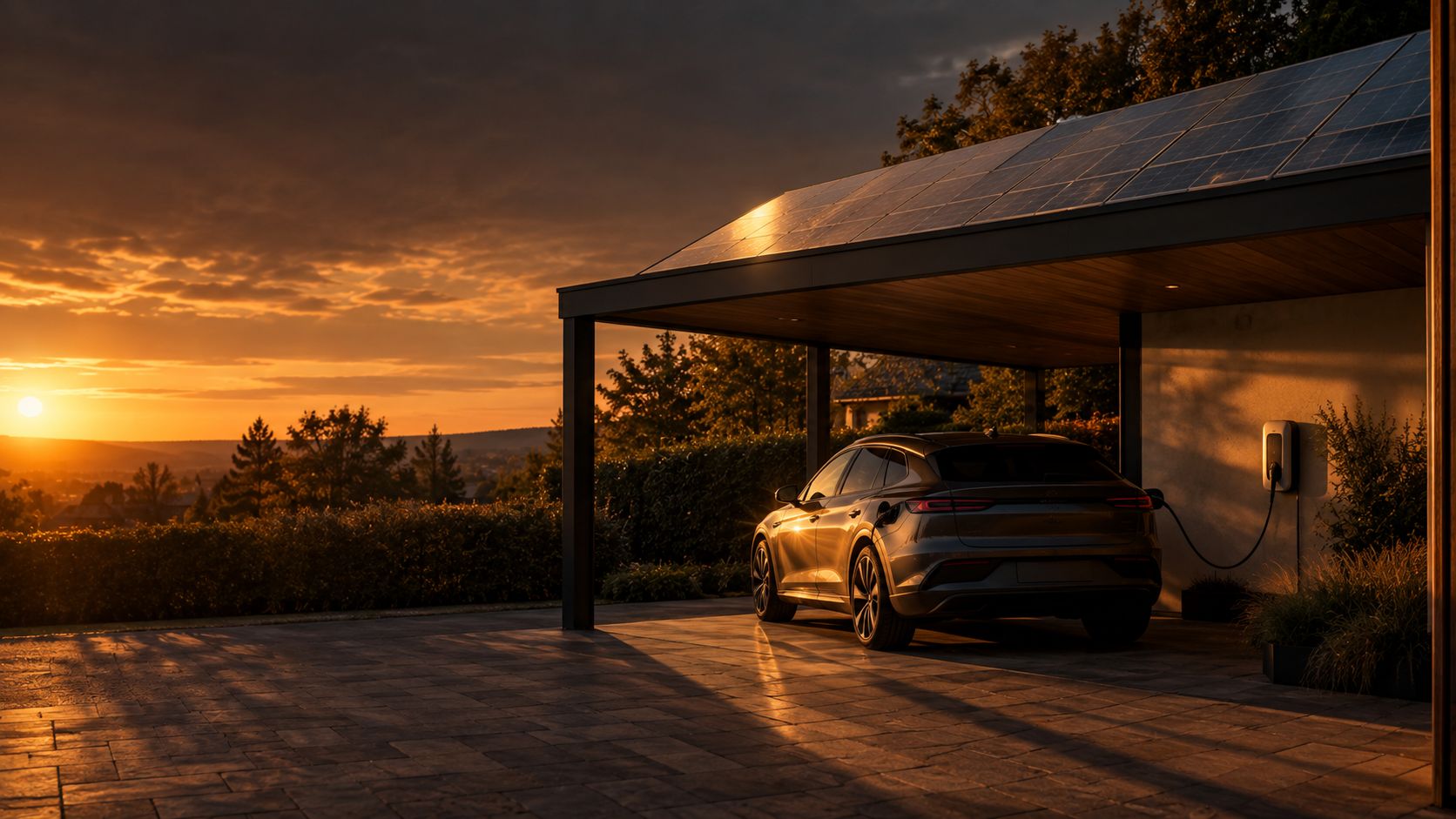 Carport mit Solarmodulen bei Sonnenuntergang, darunter lädt ein Elektroauto an einer Wallbox