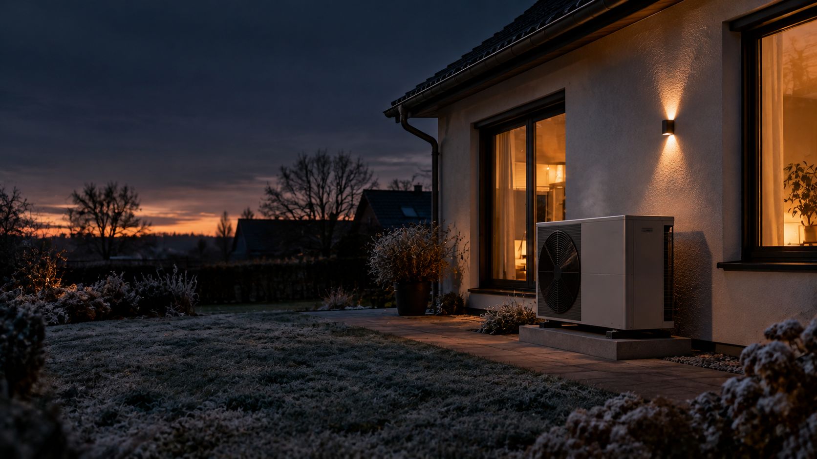 Luft-Wasser-Wärmepumpe auf einem Sockel neben einem verputzten Einfamilienhaus in der Abenddämmerung, Raureif auf dem Rasen