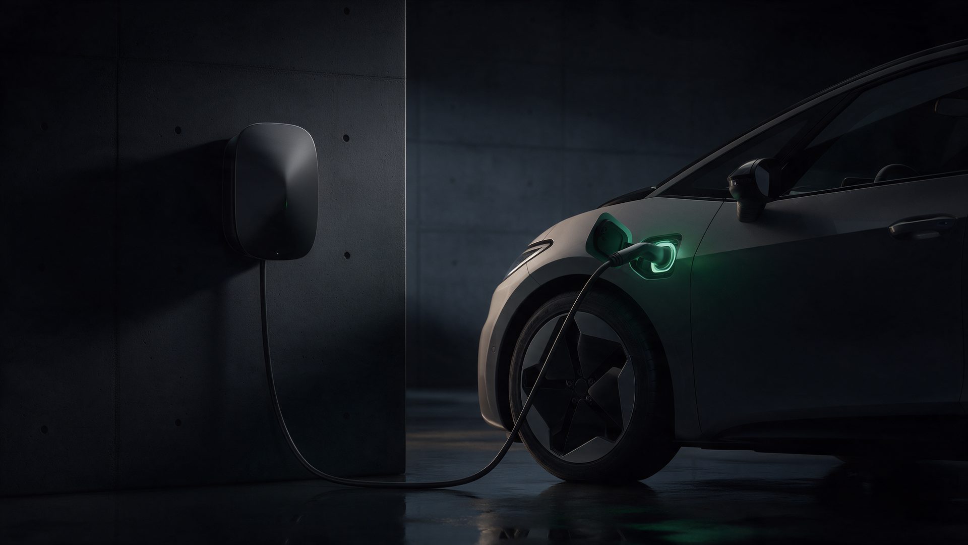 Matt-schwarze Wallbox an einer Betonwand, das Ladekabel steckt in einem Elektroauto mit grün leuchtendem Ladeport